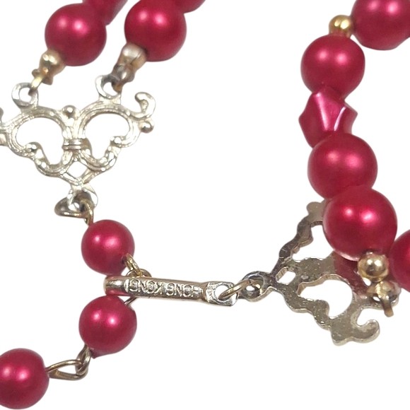 Vintage Hong Kong Red Pink Moonglow Beaded Double Strand Necklace 17-21.5" - Picture 4 of 6